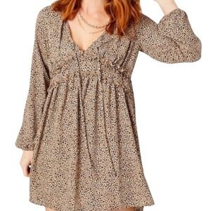 Altard State Leopard Print V Neck Ruffle Smocked Waist Mini Dress Womens Small